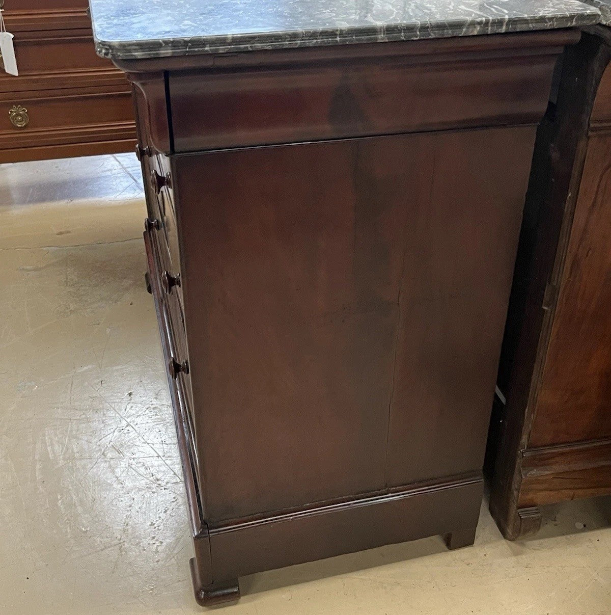 ANTIQUE FRENCH LOUIS PHILIPPE MARBLE-TOP BURLED MAHOGANY CHEST COMMODE