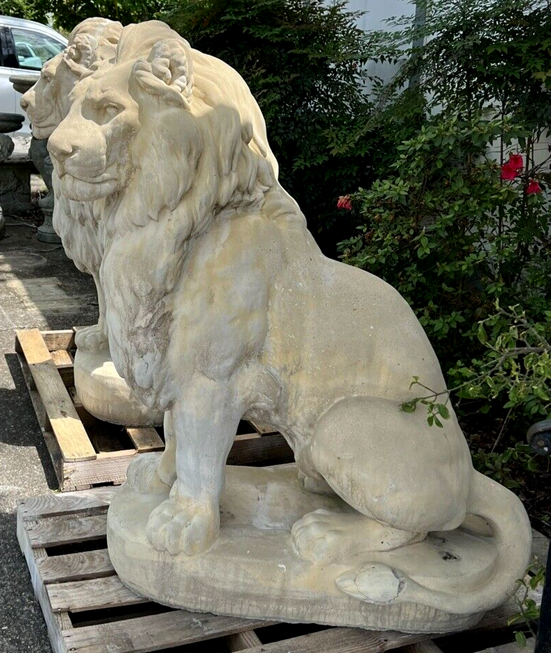 Full Size Large Pair of Belgian Cast Stone Entry Seated Lions Entrance Driveway