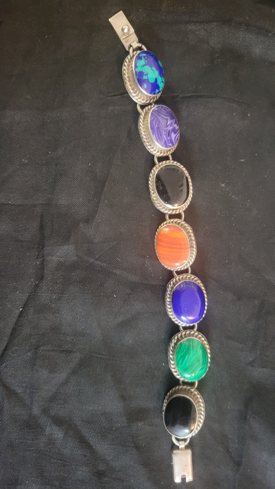 Mexican Sterling 7 Oval Links Gemstone Bracelet 7.5"  turqouise, coral 44.8g