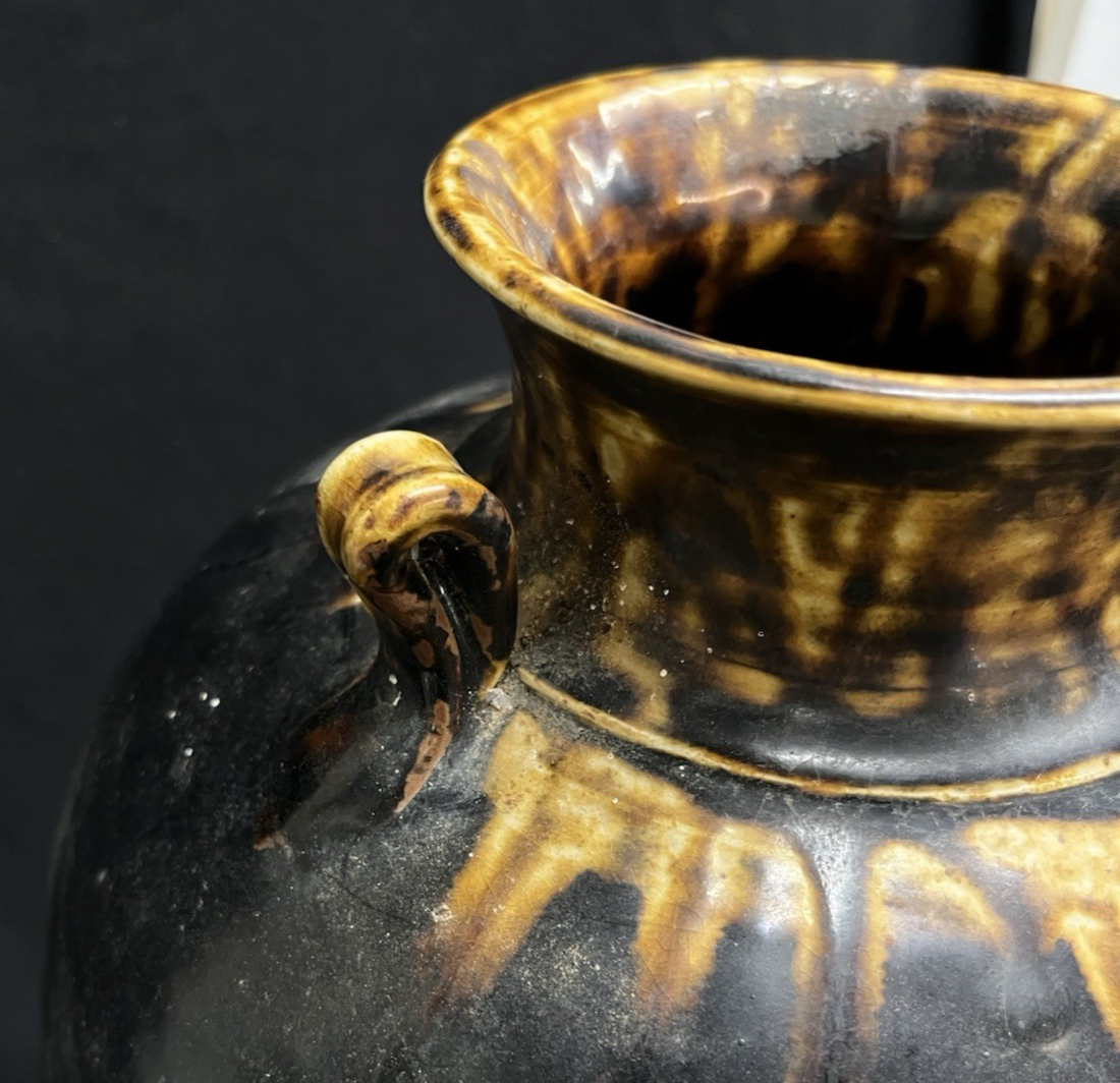 Midcentury Burmese Martaban Brown Drip Glaze Stoneware Vase 17"