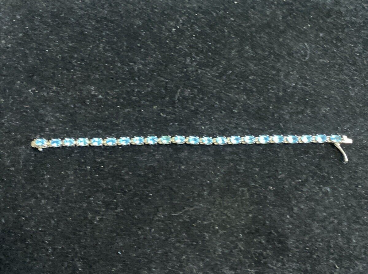 ALX Thailand Sterling Silver 925 22 Stones Blue Topaz Tennis Bracelet 12.3g 7.5"