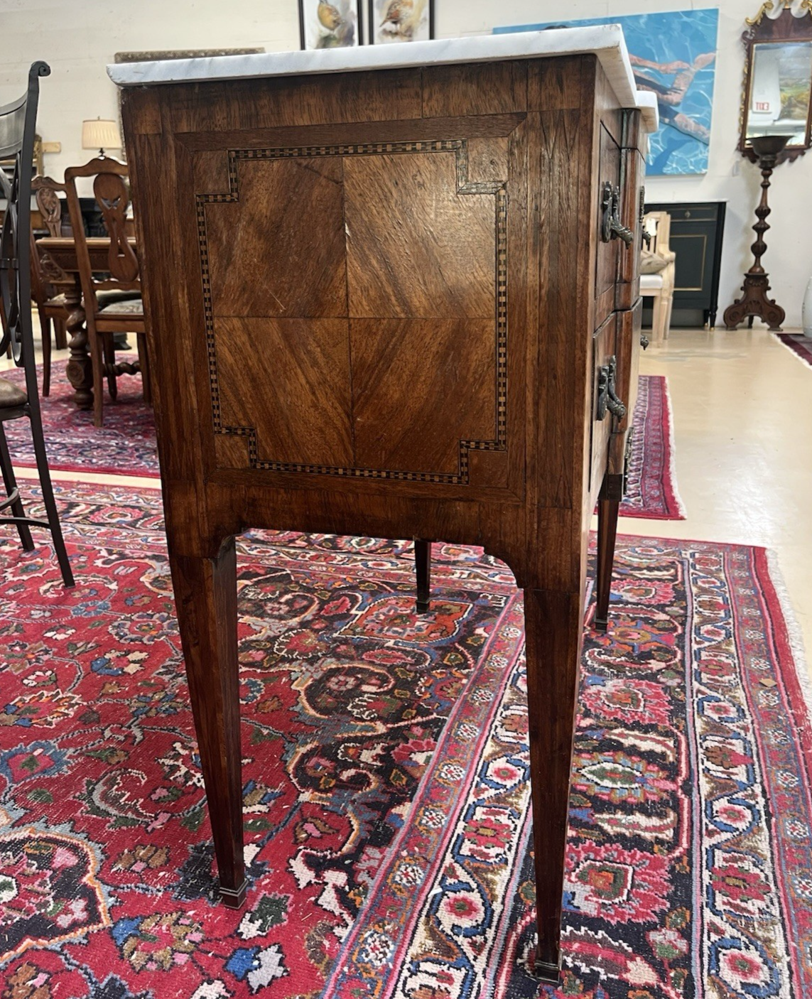 ANTIQUE FRENCH LOUIS XVI MARBLE-TOP INLAID BREAKFRONT COMMODE CHEST