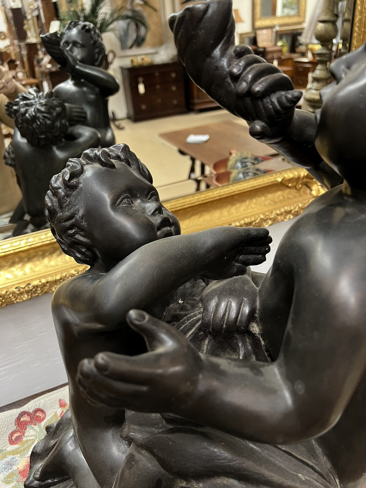 Beautiful Tabletop Solid Bronze Statue of 3 Children Playing Green Patina H 21"