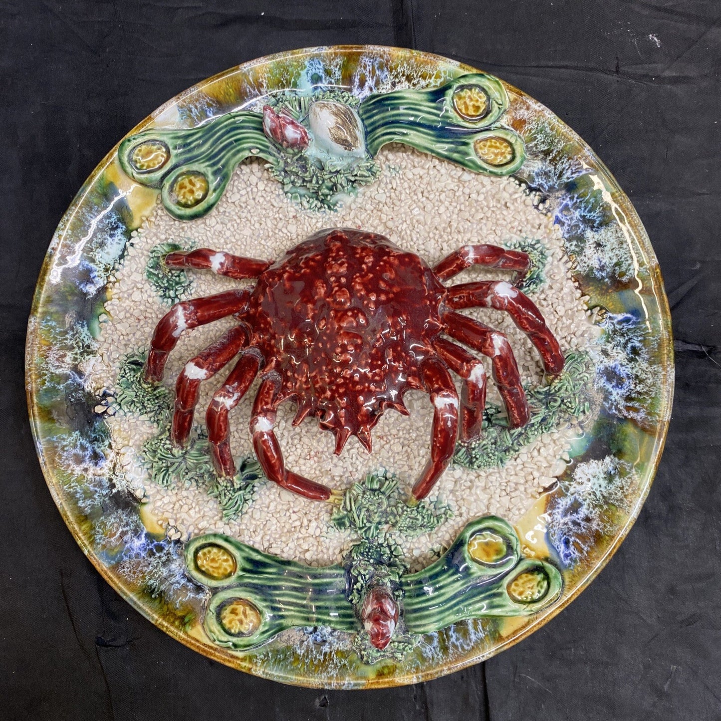 12" Antique Portugal Palissy Majolica Realistic Spider Crab Plate F. Mendes KM9
