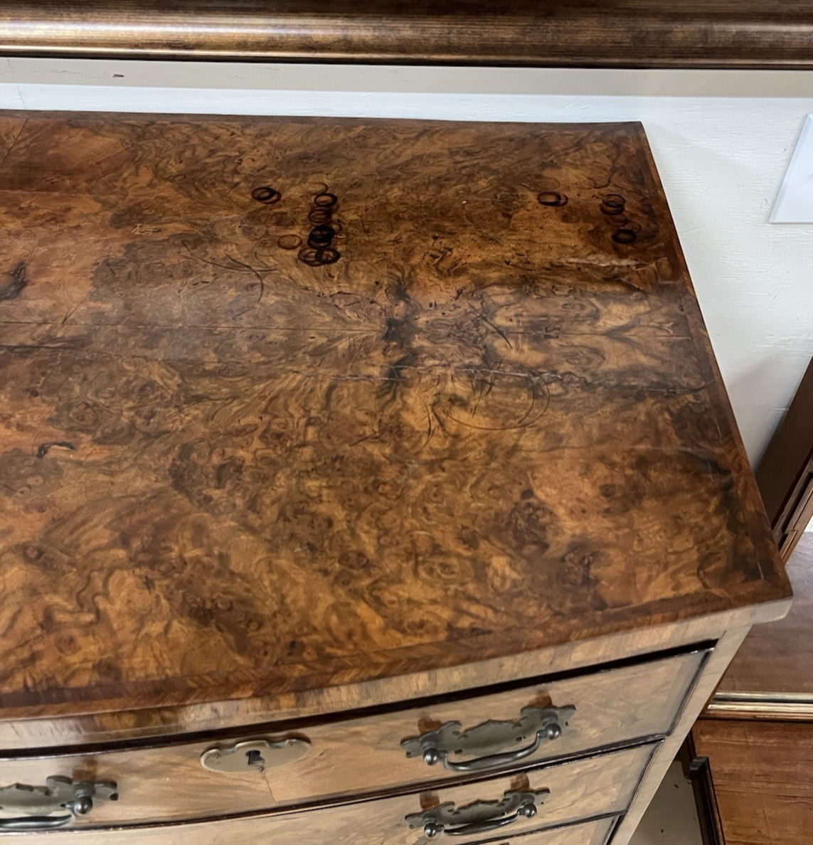 PERIOD ENGLISH REGENCY BURLED WALNUT BOW FRONT TALL CHEST OF DRAWERS