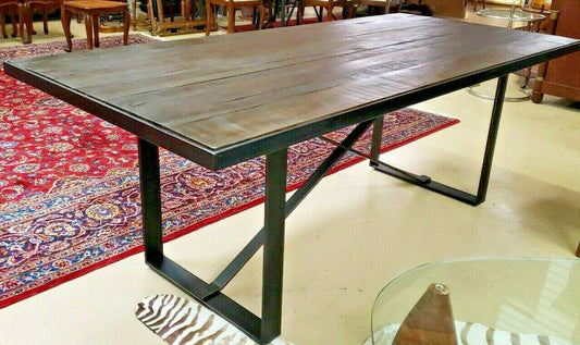 Restoration Hardware Style Metal Reclaimed Wood Table X Stretcher Dining Table