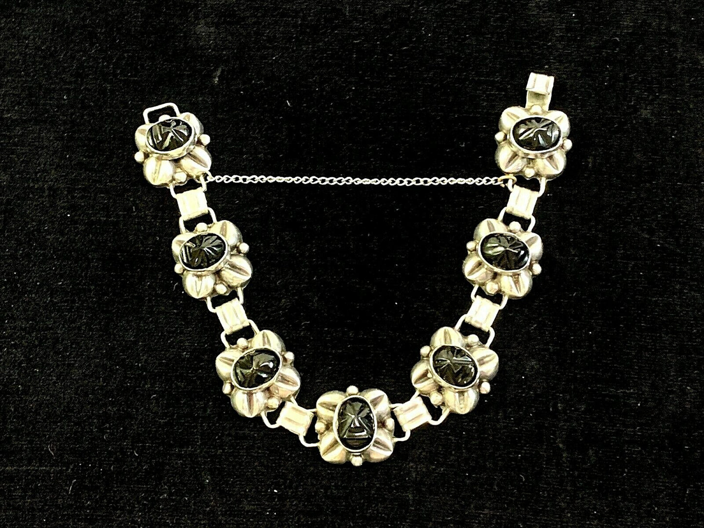 Vtg Taxco Signed Sterling Silver & Onyx 7 Link Bracelet  7 1/2" w Safety Chain