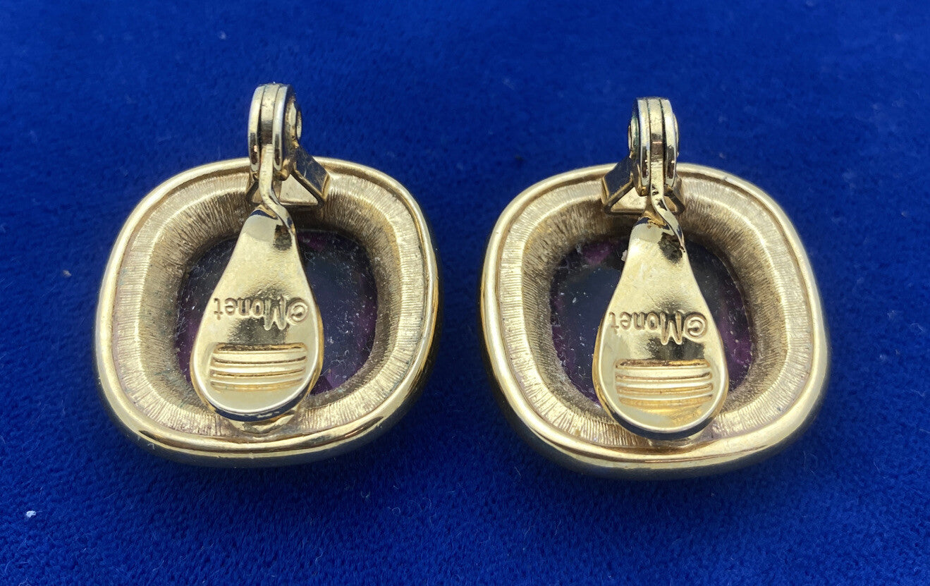 VINTAGE MONET PURPLE GLASS RHINESTONE HIGH END EARRINGS GOLD TONE Clip