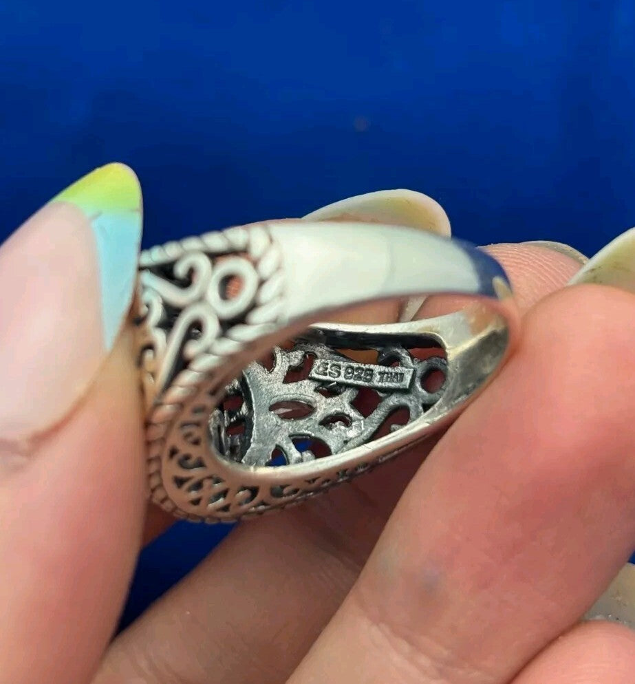 Sterling Silver 925 Black Onyx Geometric Pattern Ring Sz 8 8.2g     Thailand