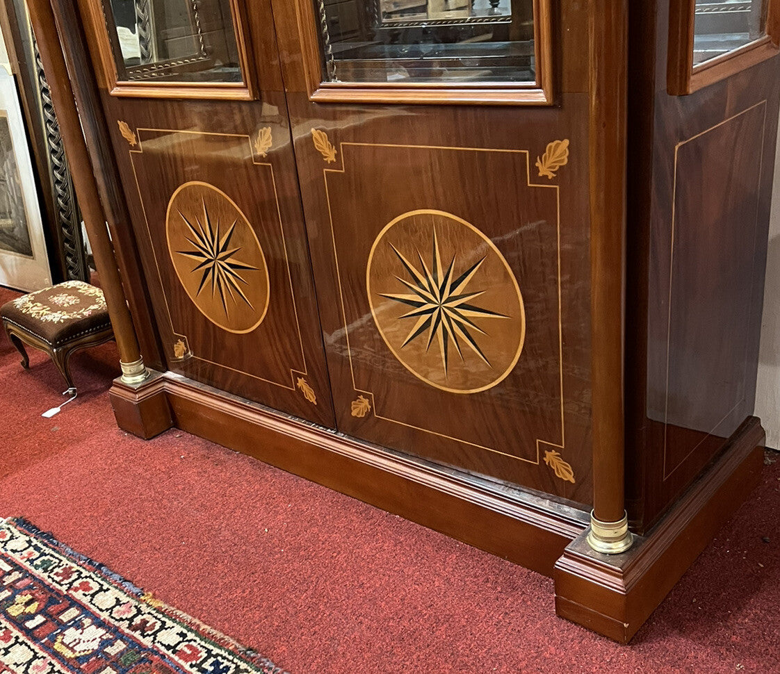 French Empire 2 Door Cabinet w Glass Shelves Inlaid Designs