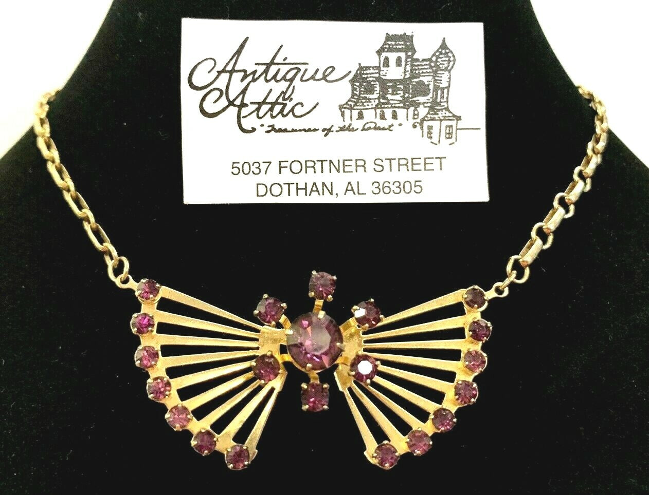 Impressive 1940'S RETRO  GOLD plated Amethyst RHINESTONE  NECKLACE Art Deco 18"