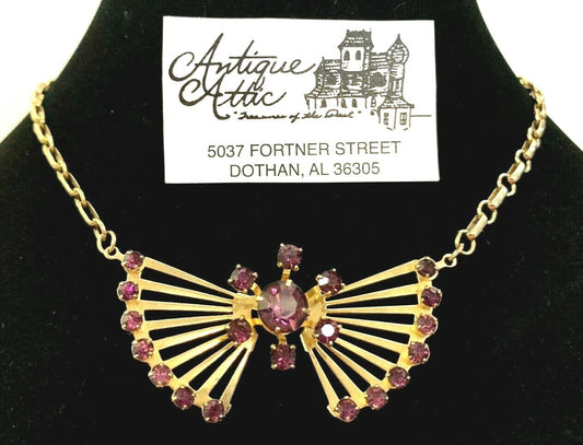 Impressive 1940'S RETRO  GOLD plated Amethyst RHINESTONE  NECKLACE Art Deco 18"