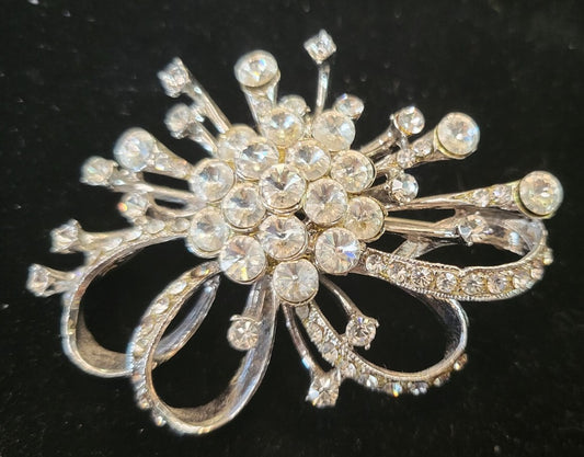 VINTAGE J.H.S. JHS Clear Rhinestones Crystals Pin Brooch Signed 3" x 2"