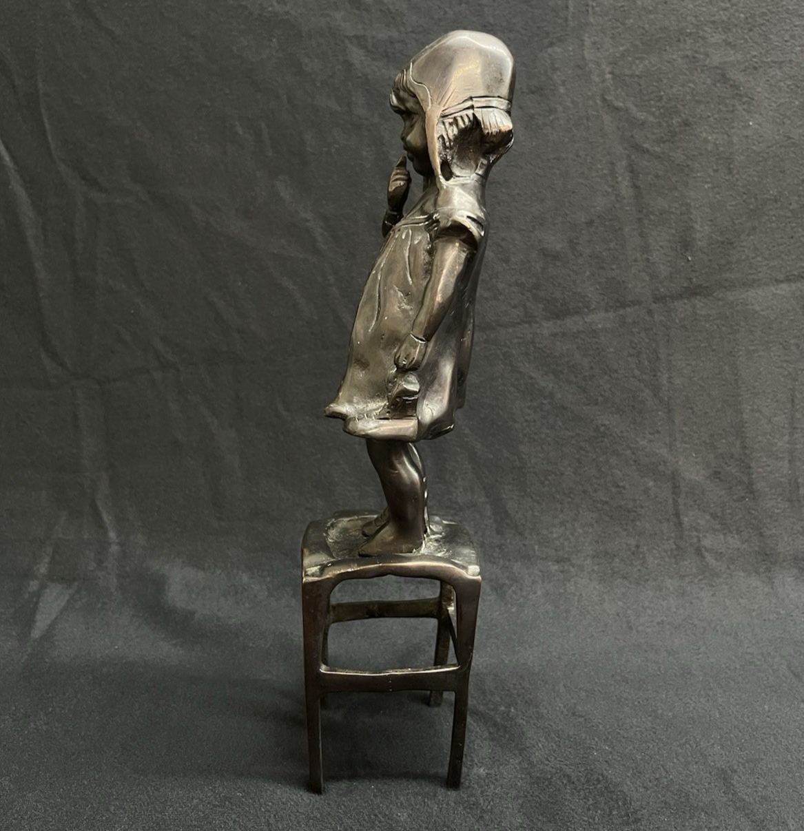 Antique After Juan Clara Bronze Sculpture Girl on Chair w/ One Shoe 11.5"