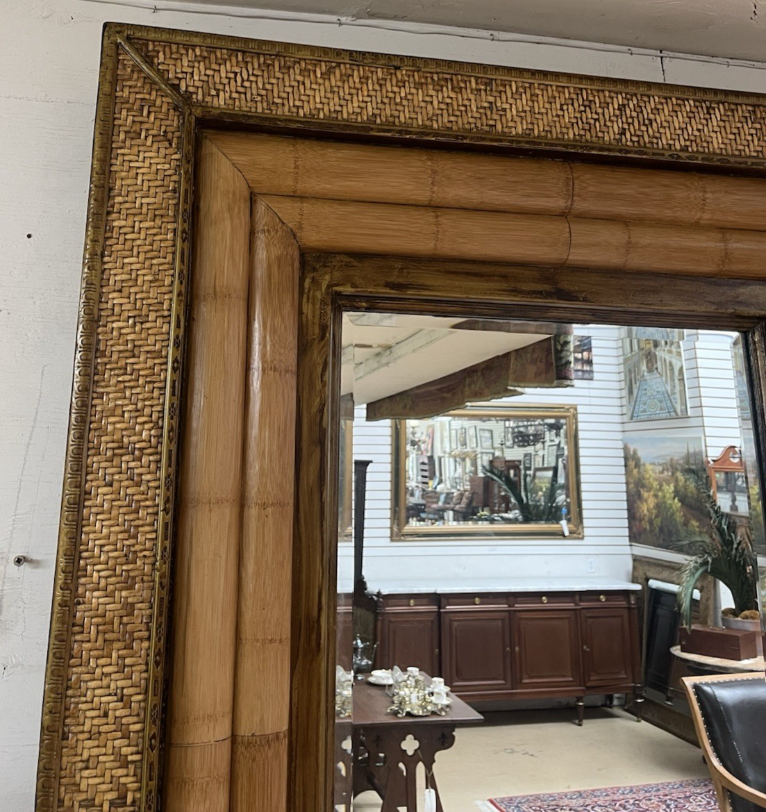 PAIR OF CARIBBEAN STYLE BAMBOO & WOVEN RATTAN FRAMED MIRRORS, 51" X 39.5"