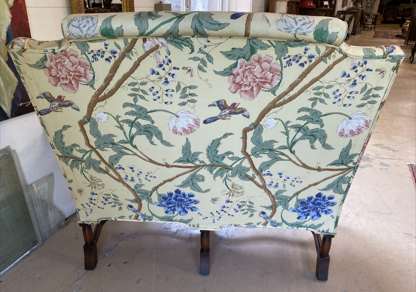 Antique Yellow Floral Queen Anne Mahogany Sofa Couch Settee Loveseat