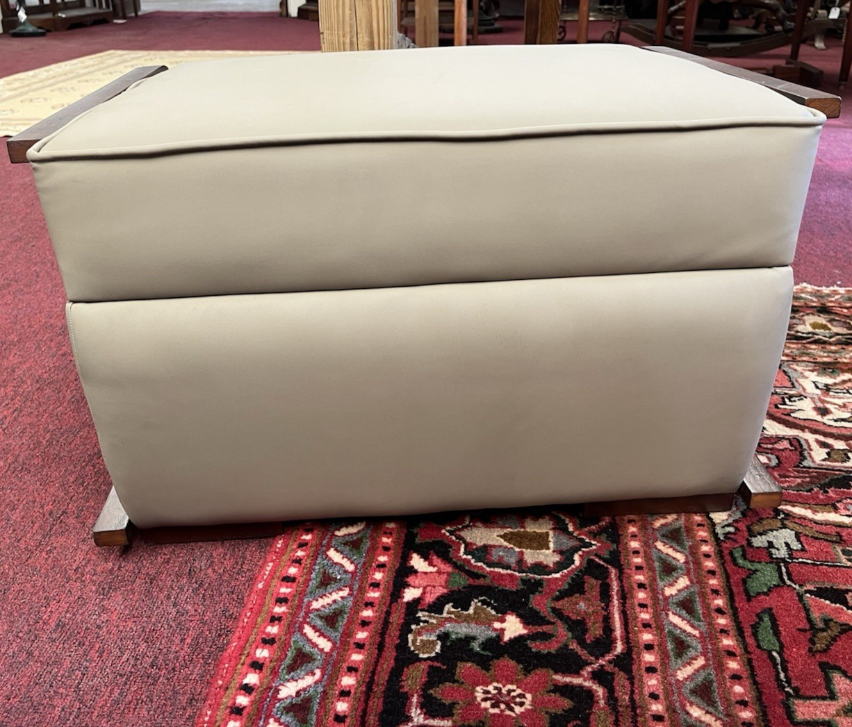 PAIR OF ART DECO STYLE UPHOLSTERED ARMCHAIRS & OTTOMANS