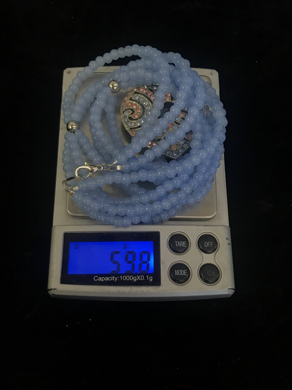 Vintage Blue Glass Bead Necklace with heart  blue & pink rhinestone pendant