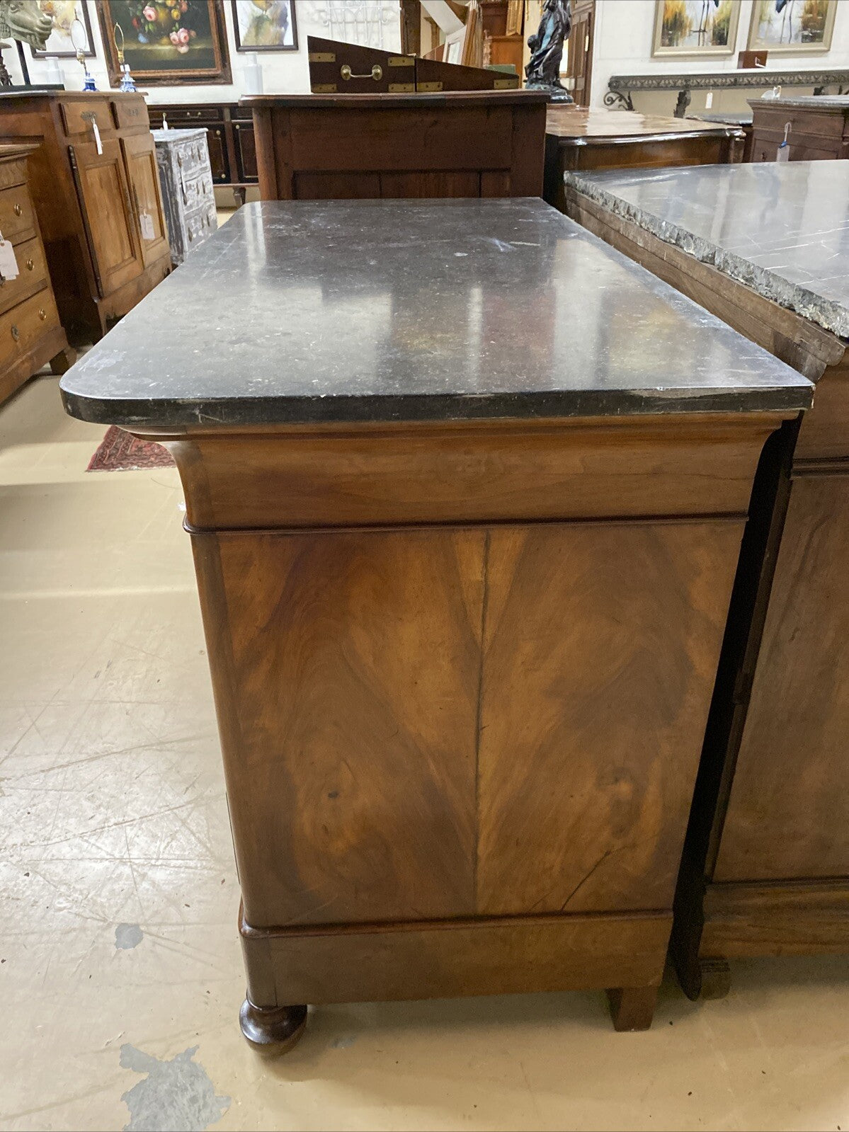 ANTIQUE FRENCH LOUIS PHILIPPE MARBLE-TOP FLAME BURLED MAHOGANY COMMODE CHEST