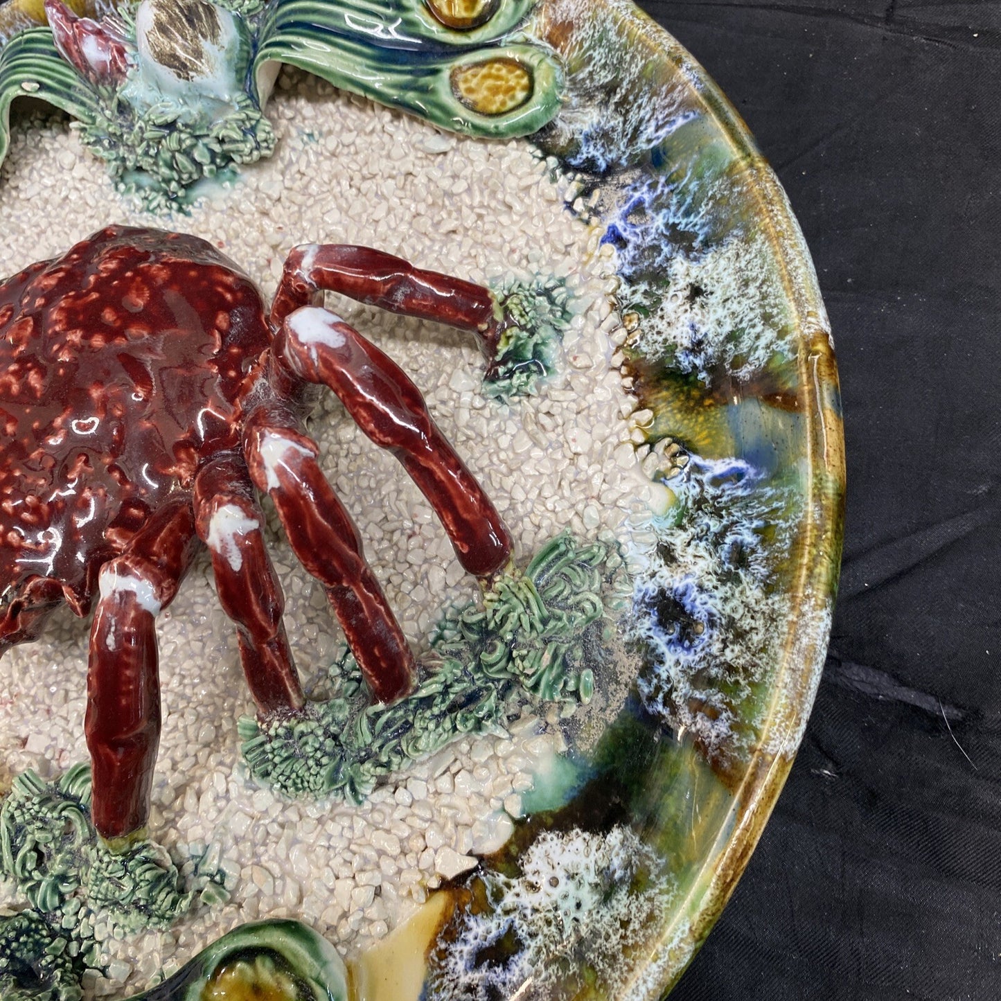 12" Antique Portugal Palissy Majolica Realistic Spider Crab Plate F. Mendes KM9