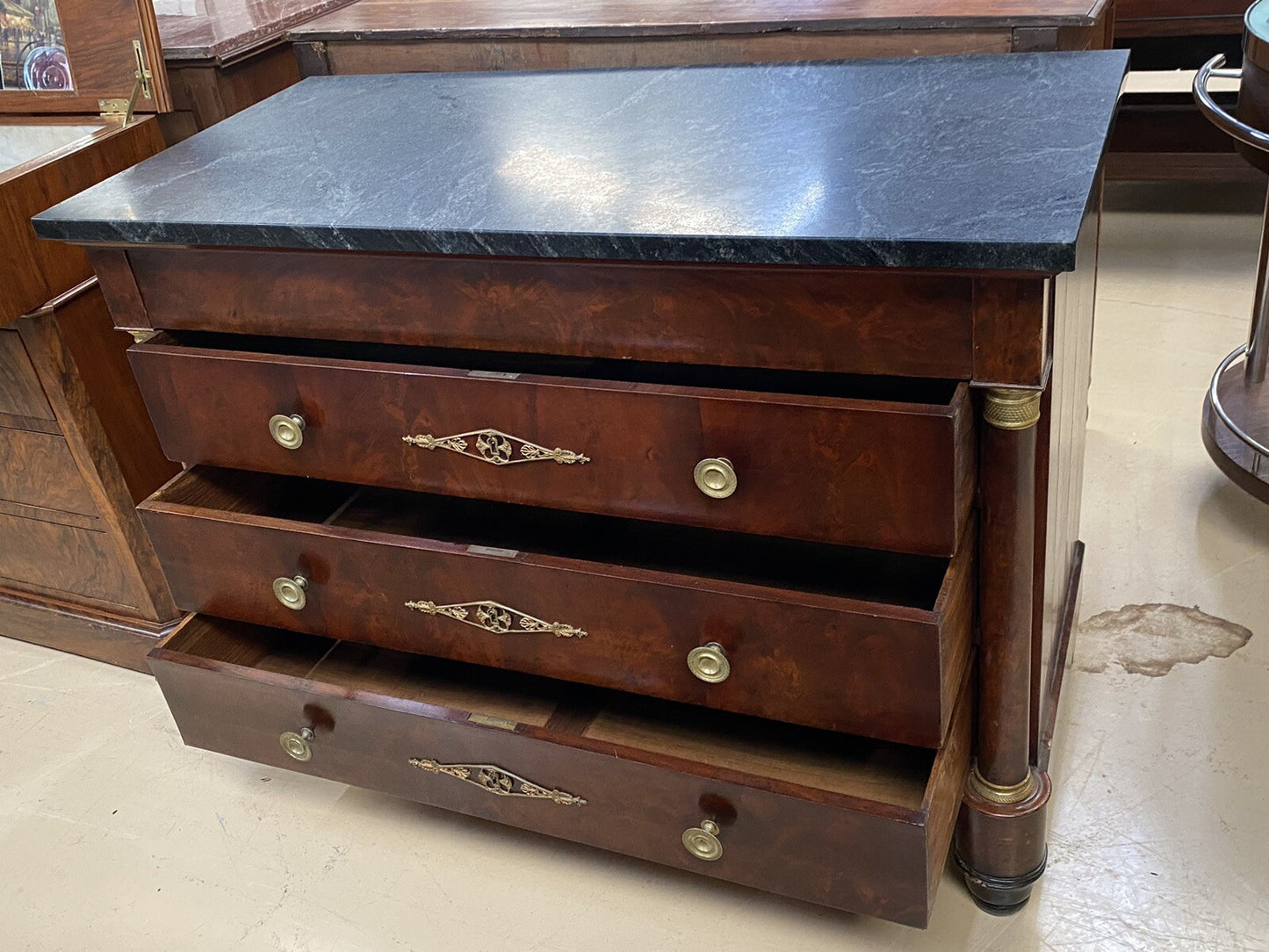 Antique Burled Walnut Mid-19th Century Empire and Marble Top Chest Commode