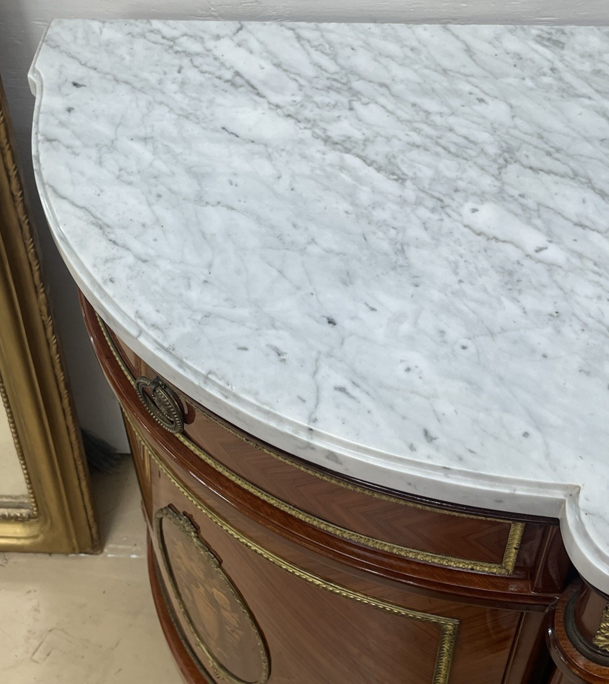 FRENCH LOUIS XVI MARBLE-TOP LACQUERED MARQUETRY DEMILUNE ENFILADE SIDEBOARD 105"