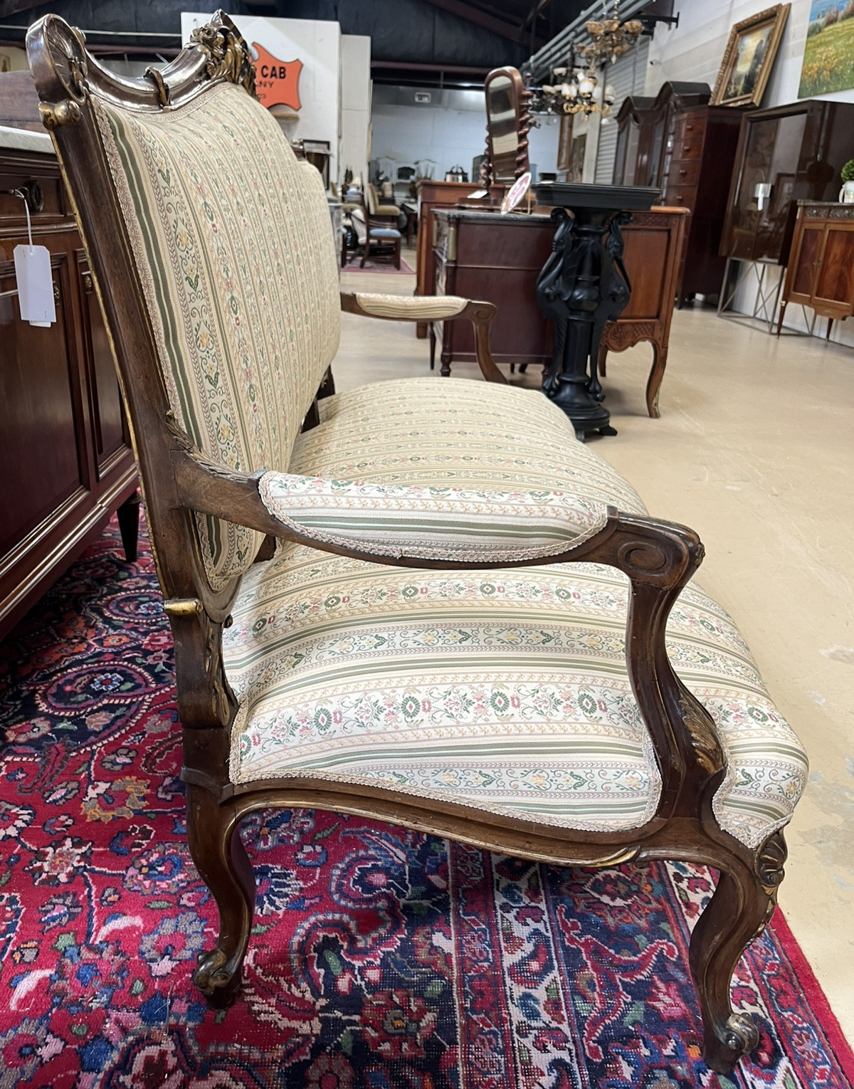ANTIQUE FRENCH LOUIS XV CARVED & PARCEL-GILT UPHOLSTERED SALON SOFA COUCH SETTEE