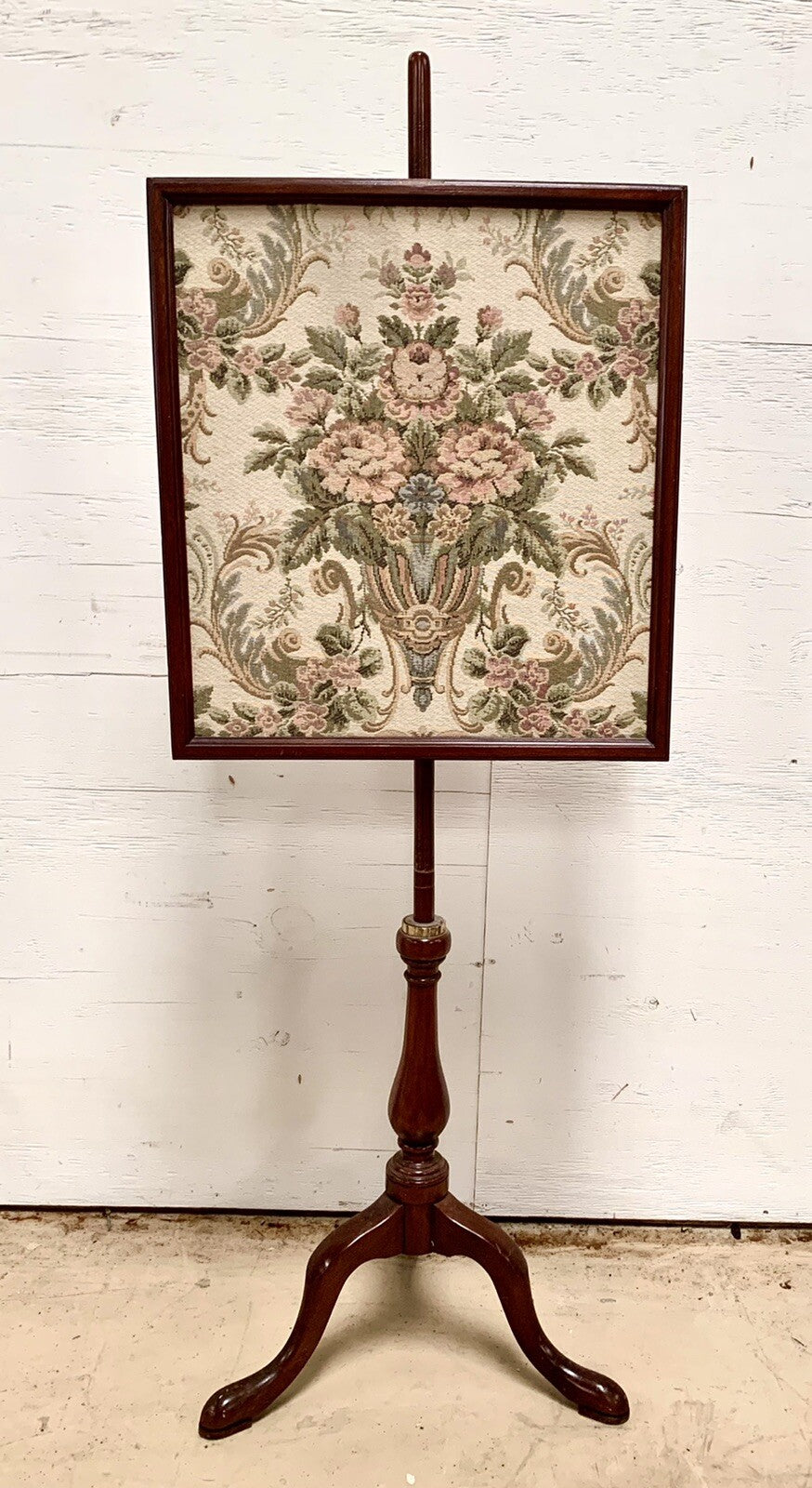 Antique Cherry Victorian Fire Pole Screen Stand w Tapestry