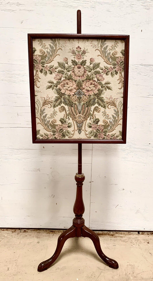 Antique Cherry Victorian Fire Pole Screen Stand w Tapestry