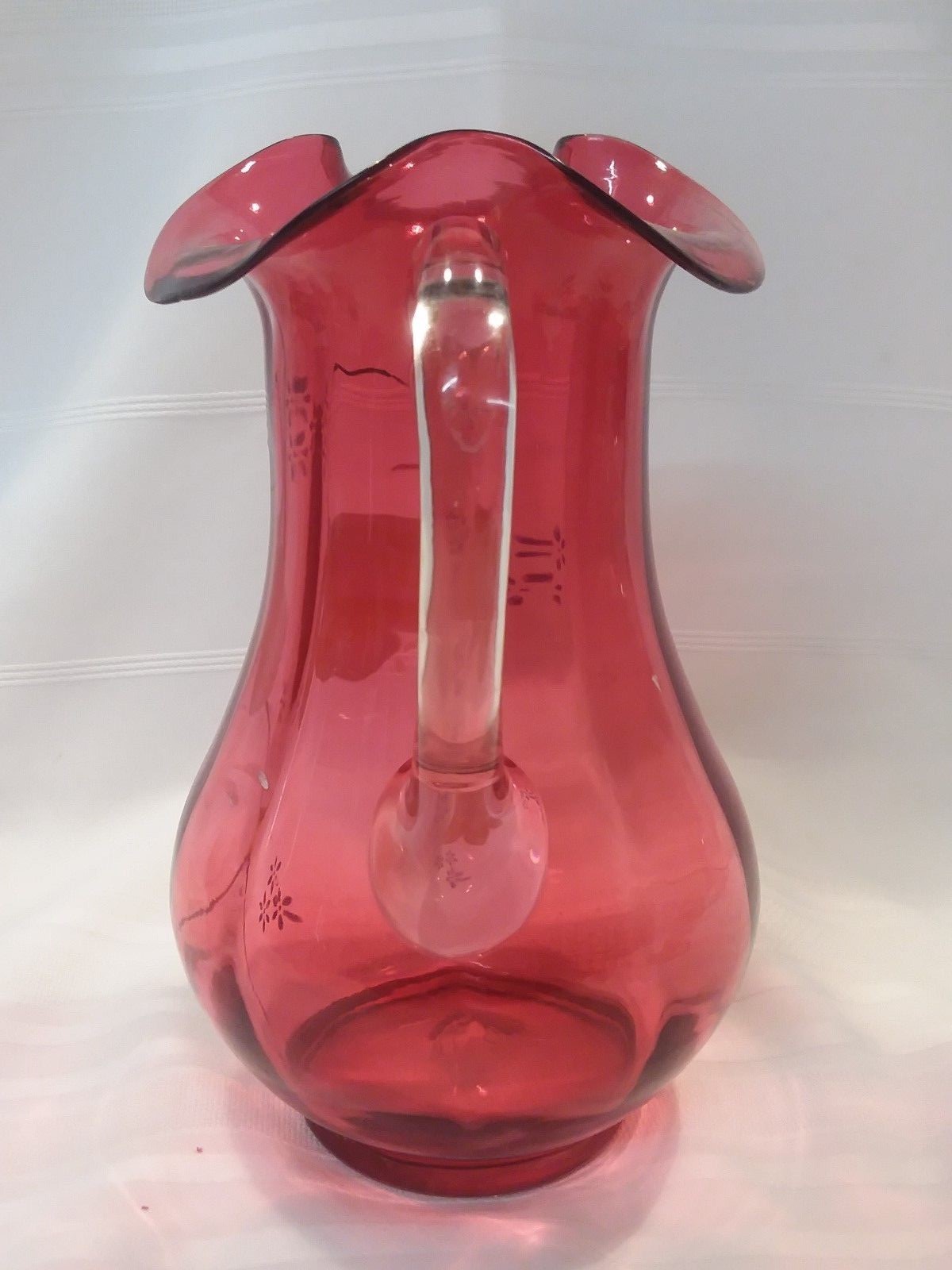 Antique Victorian  Cranberry Glass 9.5" Pitcher  Enameled w Yellow Tulip 100+yrs