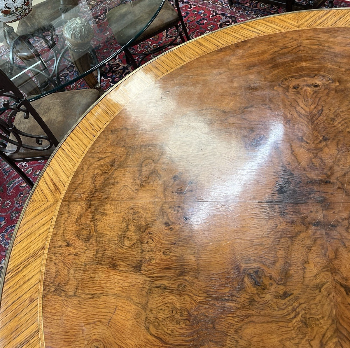 66" LARGE ROUND EMPIRE STYLE FIGURED BURL WALNUT CENTER ENTRYWAY TABLE