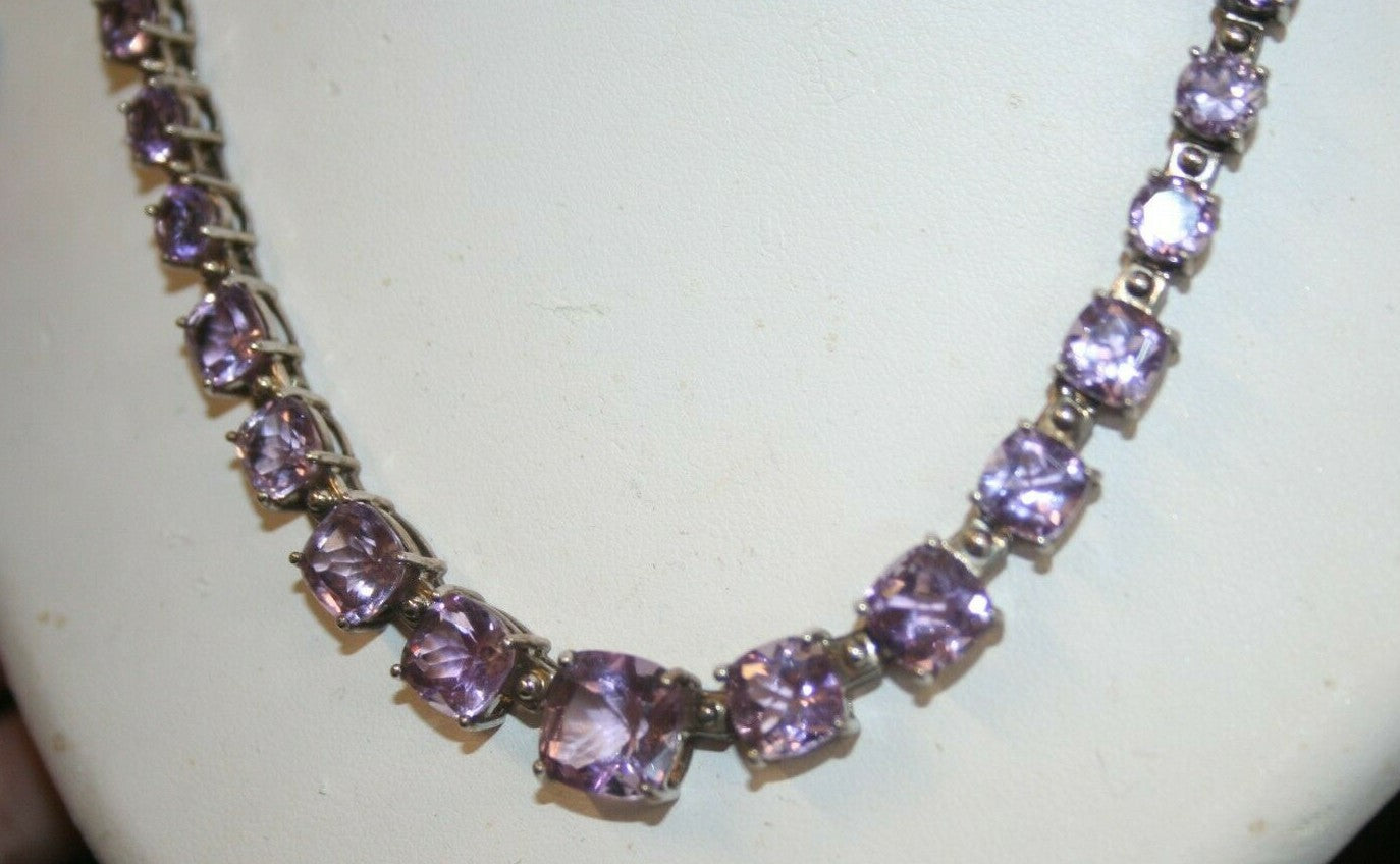 Natural Amethyst purple graduated cut Sterling Silver 18" Necklace Thailand 44g