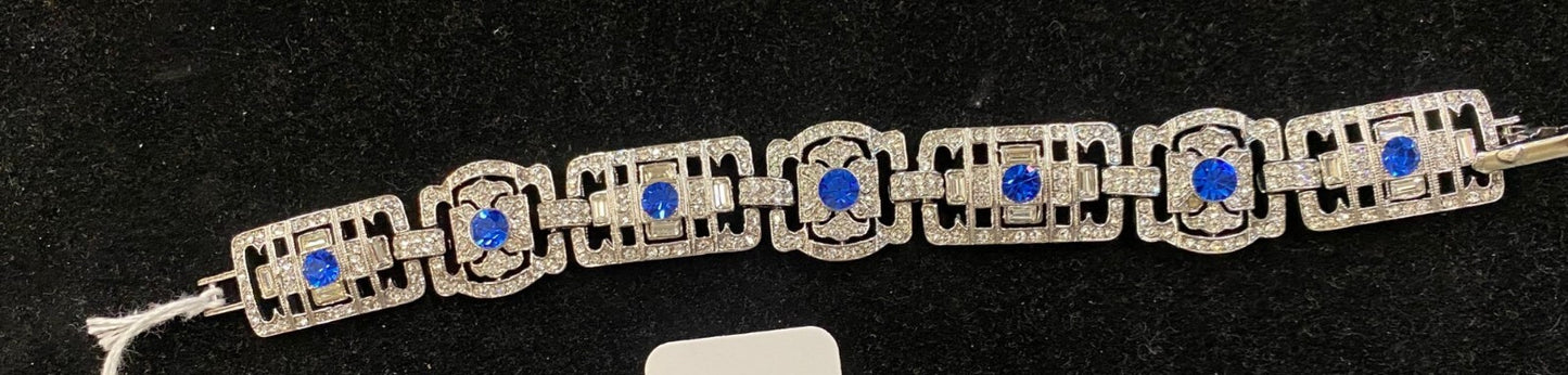Vintage Rhinestone Link Bracelet 7 1/2" w Blue Stones