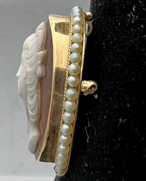 Victorian Shell Cameo Pendant Brooch 14K seed Pearls Full Face 1800's