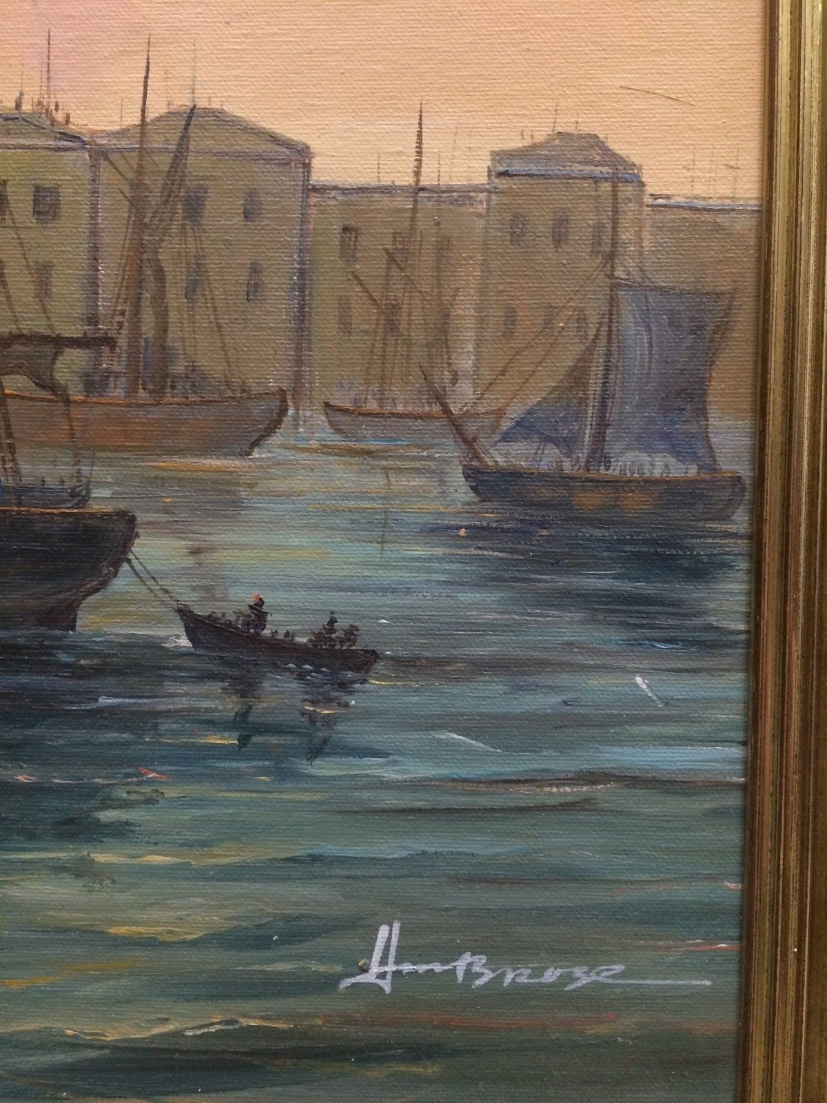 Vtg Oil Painting on Canvas Boats Ships in Harbor Signed Continental  W27" x  23"