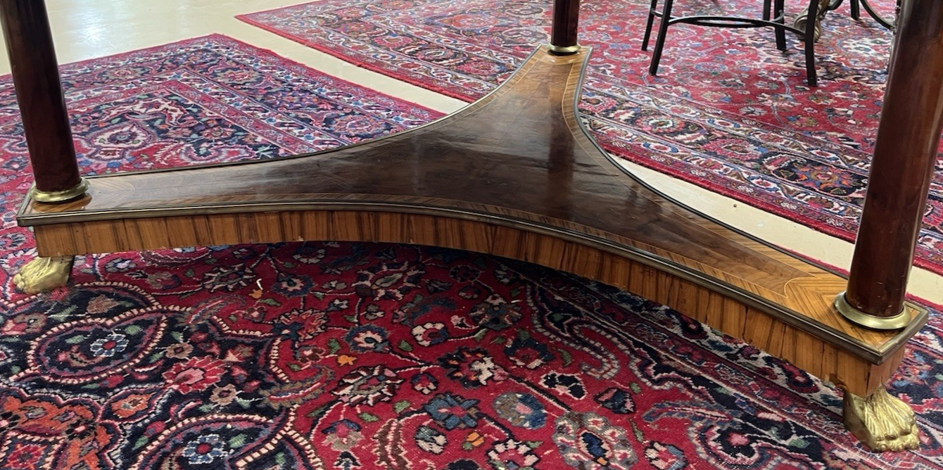 66" LARGE ROUND EMPIRE STYLE FIGURED BURL WALNUT CENTER ENTRYWAY TABLE