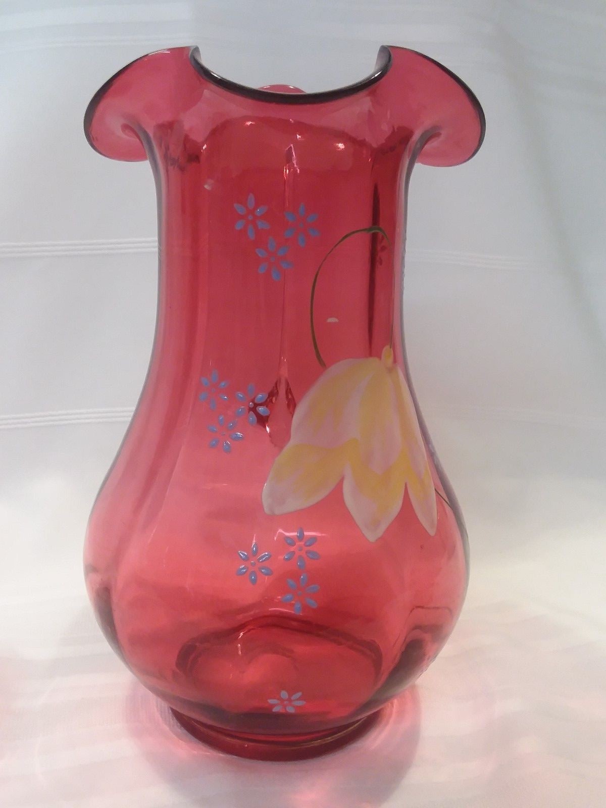 Antique Victorian  Cranberry Glass 9.5" Pitcher  Enameled w Yellow Tulip 100+yrs