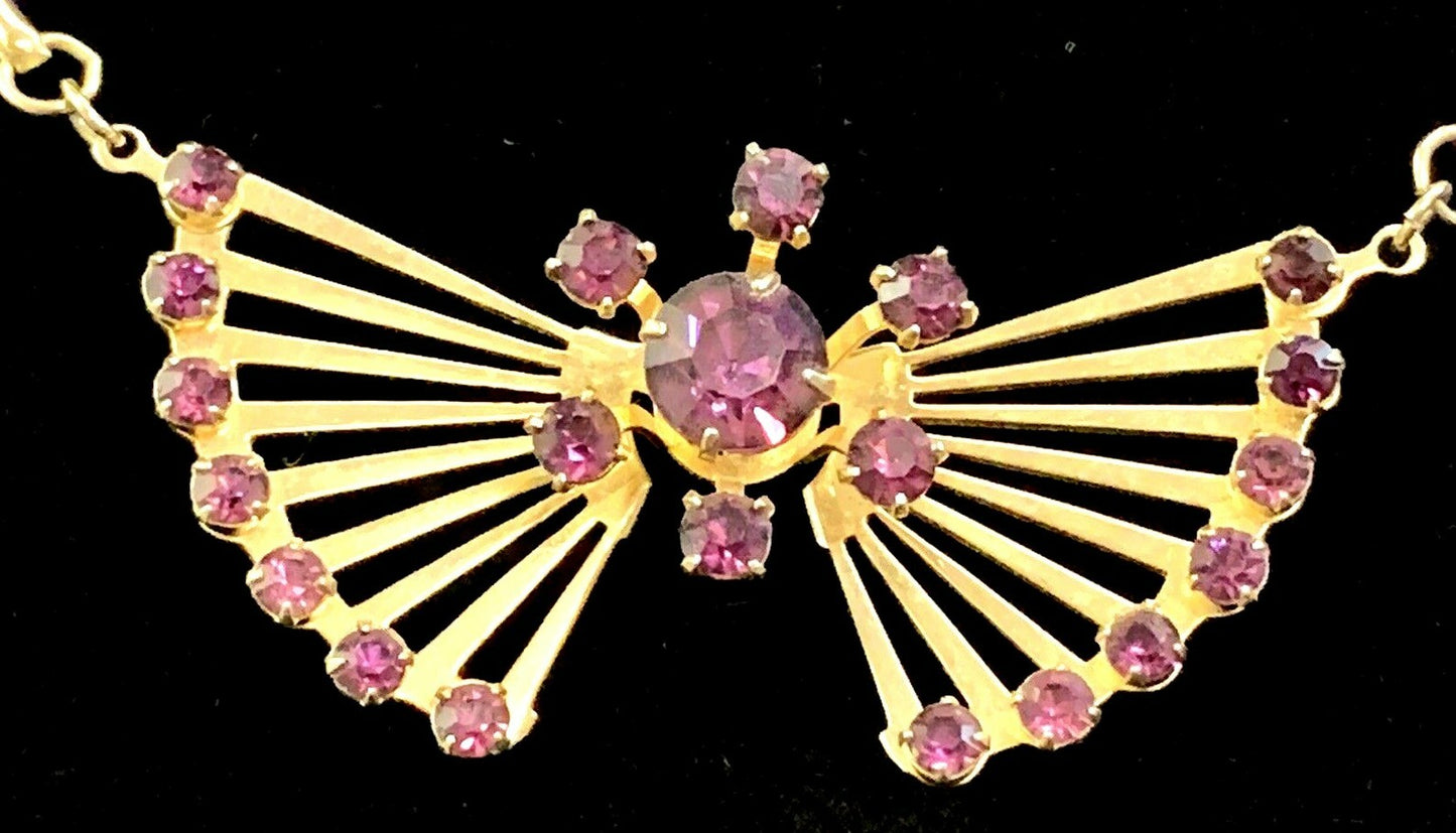 Impressive 1940'S RETRO  GOLD plated Amethyst RHINESTONE  NECKLACE Art Deco 18"