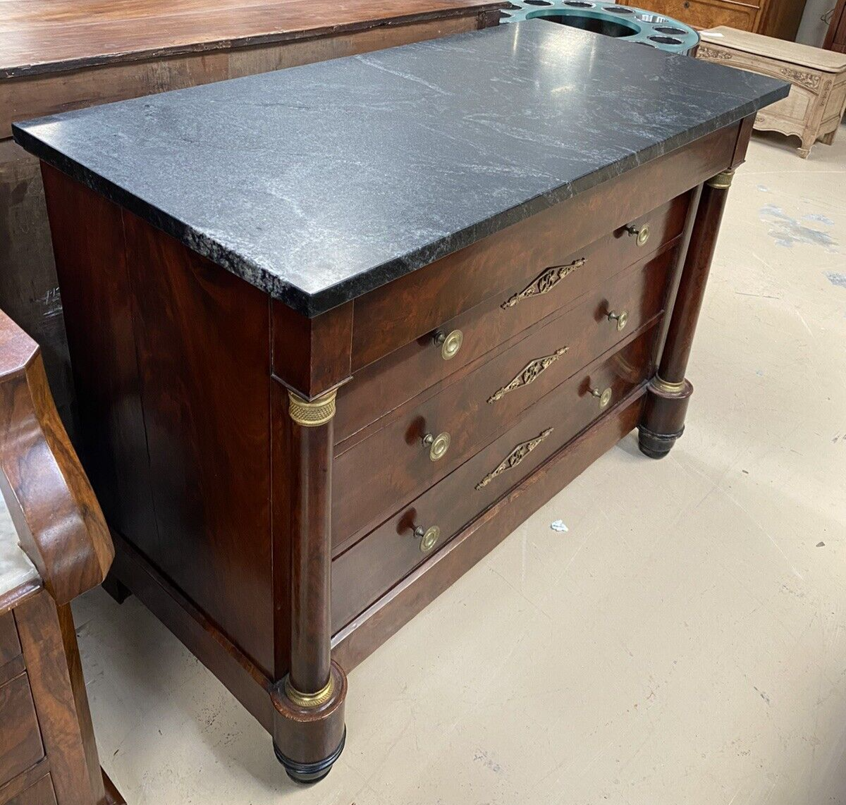 Antique Burled Walnut Mid-19th Century Empire and Marble Top Chest Commode