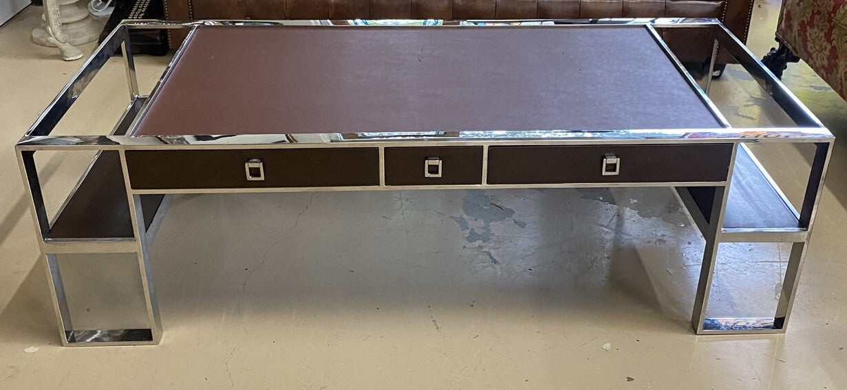 FRENCH MODERN CHROME & LEATHER COFFEE TABLE