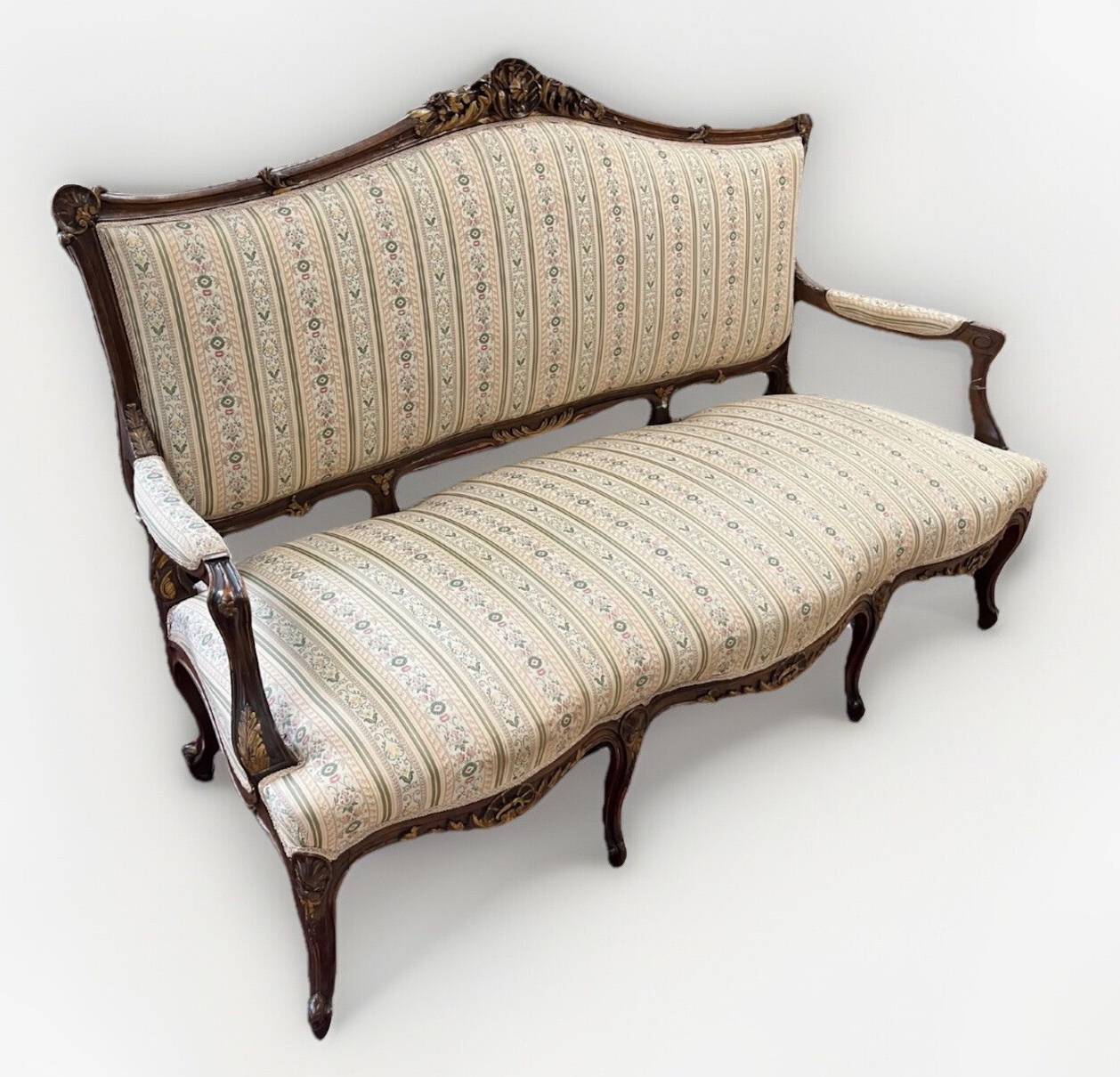 ANTIQUE FRENCH LOUIS XV CARVED & PARCEL-GILT UPHOLSTERED SALON SOFA COUCH SETTEE