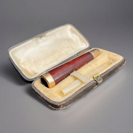 English Birmingham 1827 Briar Wood & 9k Gold Banded Cigarette Holder w/ Case