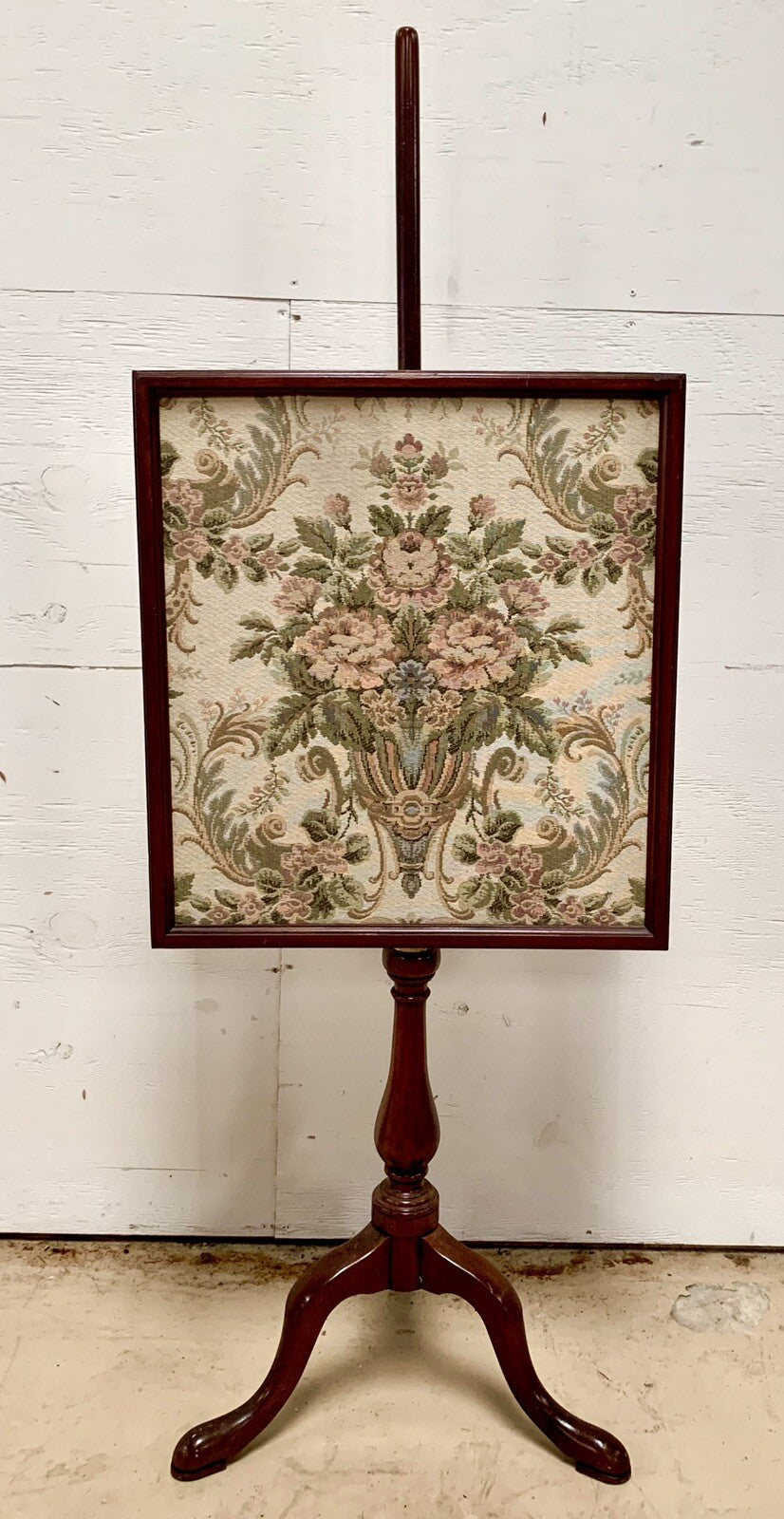 Antique Cherry Victorian Fire Pole Screen Stand w Tapestry