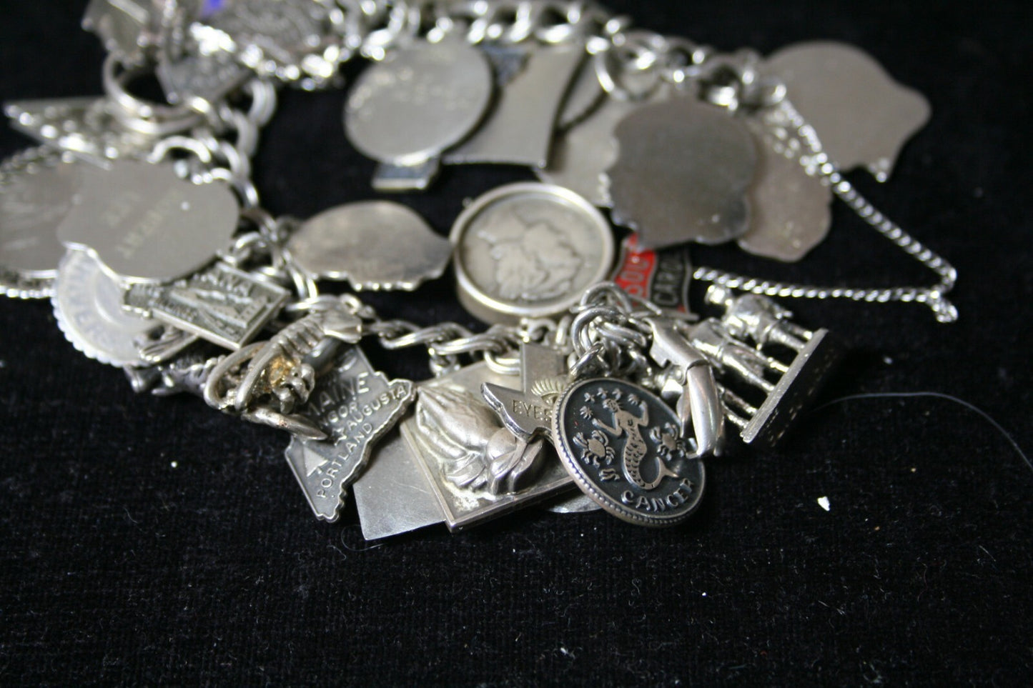VTG Sterling Silver Charm Bracelet  7-1/4" (125 g) 1960's Safety Chain 43 Charms