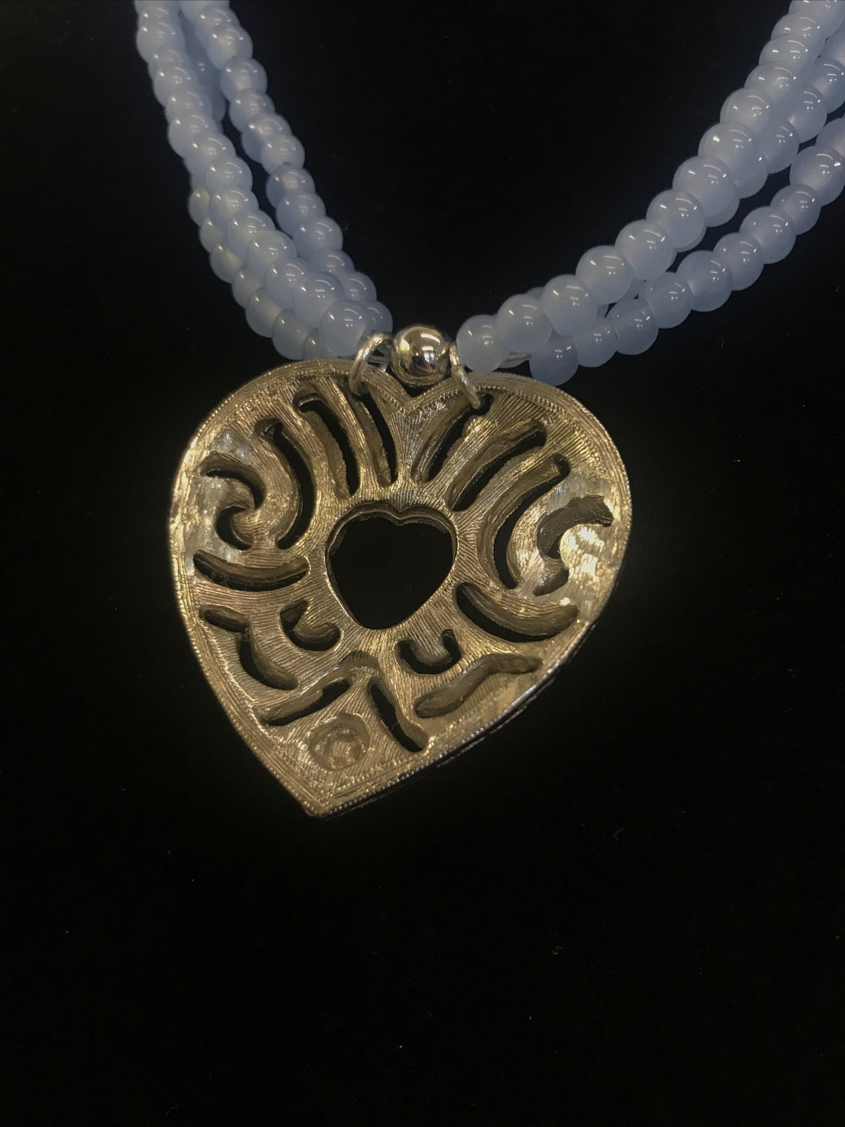 Vintage Blue Glass Bead Necklace with heart  blue & pink rhinestone pendant
