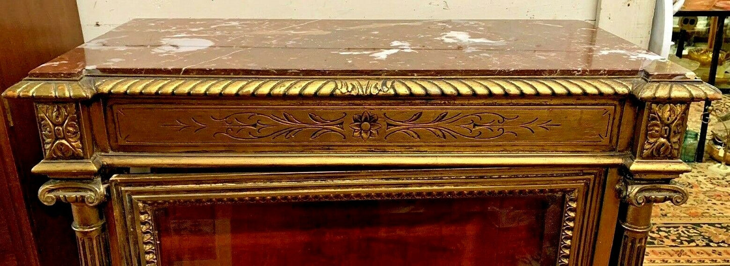 Antique French Gold Gilt Marble Top Vitrine Glass Door and Sides Display Shelves