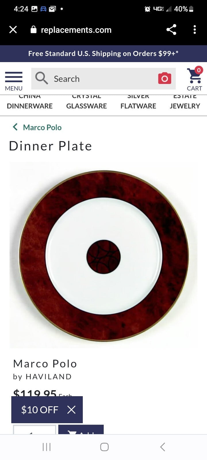 Limoges Haviland "Marco Polo" Dinner Plate Cup & Saucer $170 retail France BH312