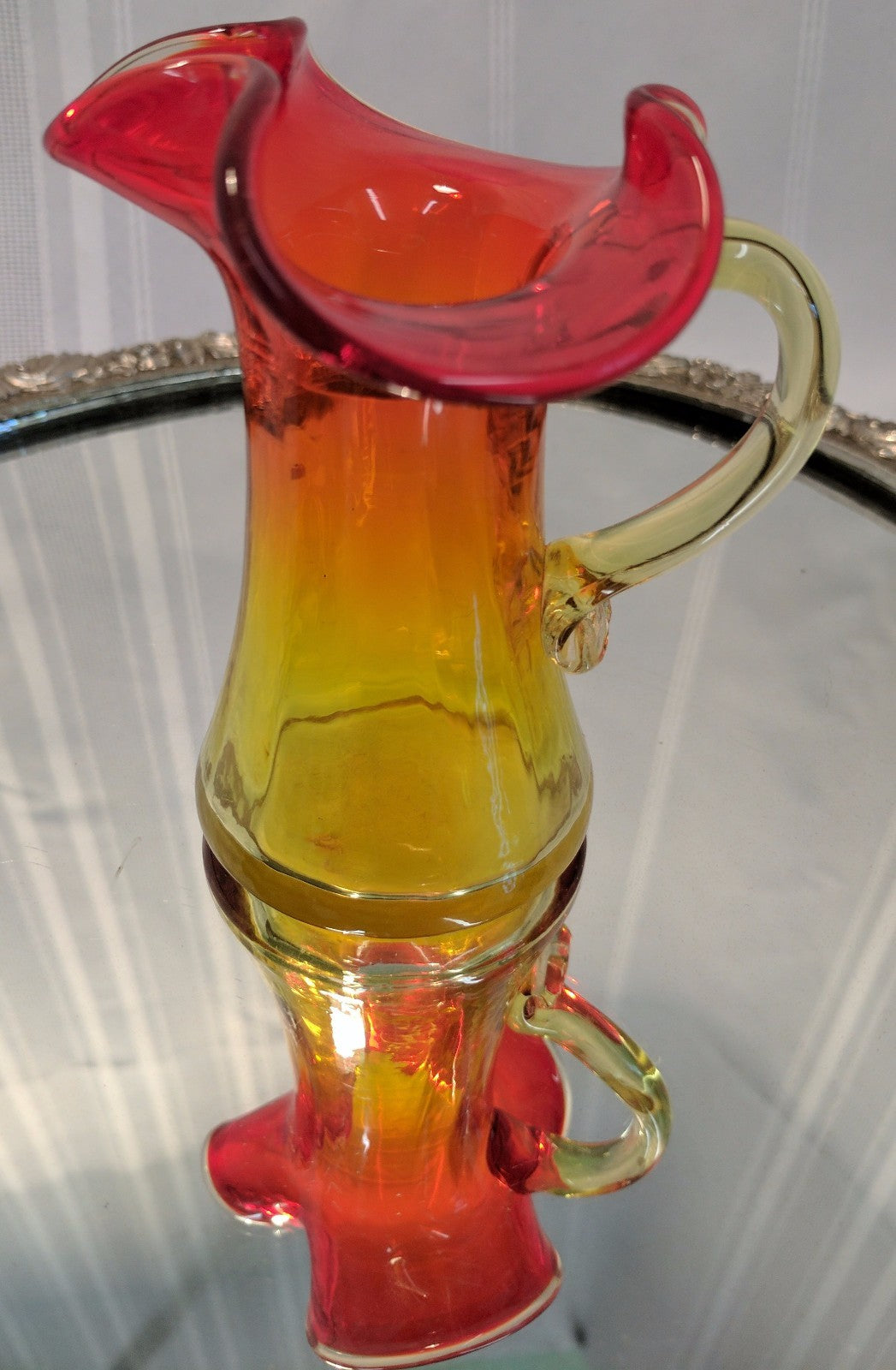 Retro Mid Century Modern Rainbow Art Glass Amberina Pitcher 4.25'' Midcentury
