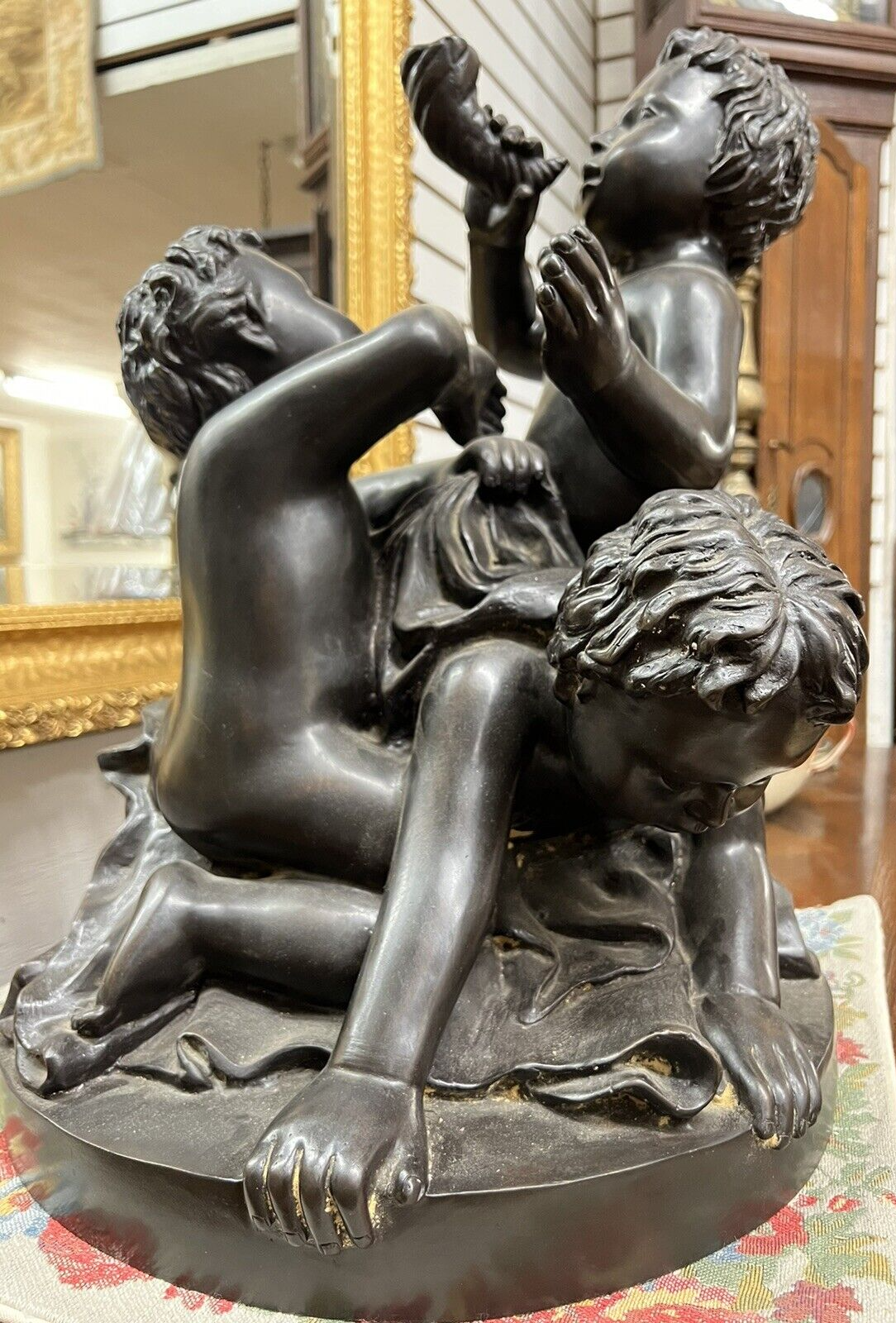 Beautiful Tabletop Solid Bronze Statue of 3 Children Playing Green Patina H 21"