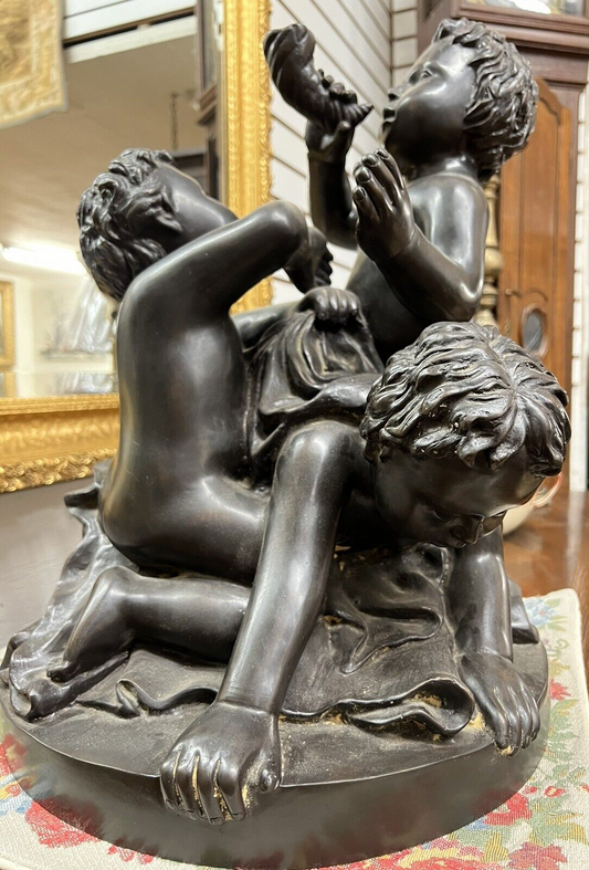 Beautiful Tabletop Solid Bronze Statue of 3 Children Playing Green Patina H 21"